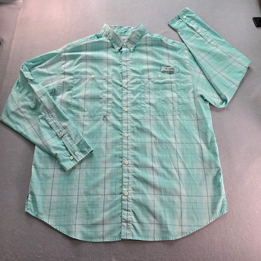 Columbia PFG Tamiami II Fishing Shirt Mens XL Aqua Mint Plaid Long Sleeve